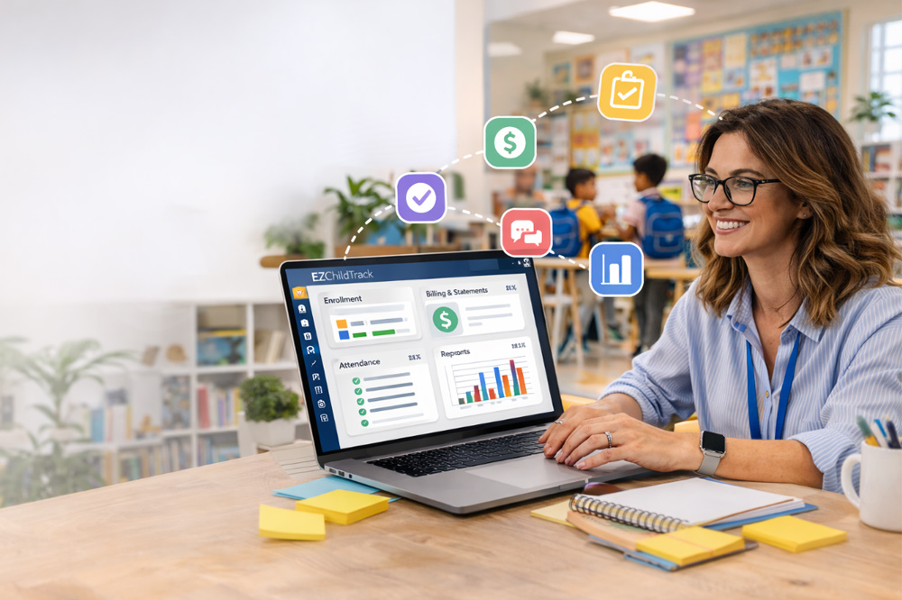 School administrator using childcare management software dashboard for attendance and billing